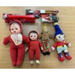 Selection of vintage retro toys to include dolls, a Noddy teddy etc