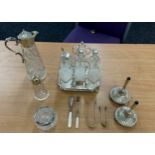 Selection of silver and silver plated glass items to include a cruet set with silver rims, pair of