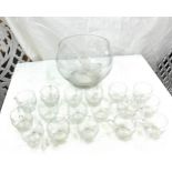 Vintage glass punch bowl set with 17 punch glasses and a serving spoon