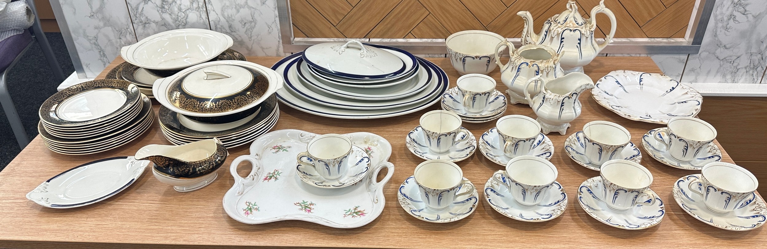 Large selection of part tea and dinner services one hand painted to include meat trays, cups,