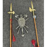 Novelty brass and wooden pike sticks and a aluminium shield