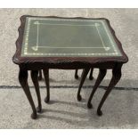 Mahogany nest of three tables with glass top measures approx 20 inches wide by 21 inches tall