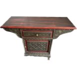 Oriental inlaid table with 1 door and 1 drawer measures approx 30 inches tall by 41 inches wide