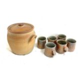 Earthenware pot and 6 cups muchelney, mugs marked S.W
