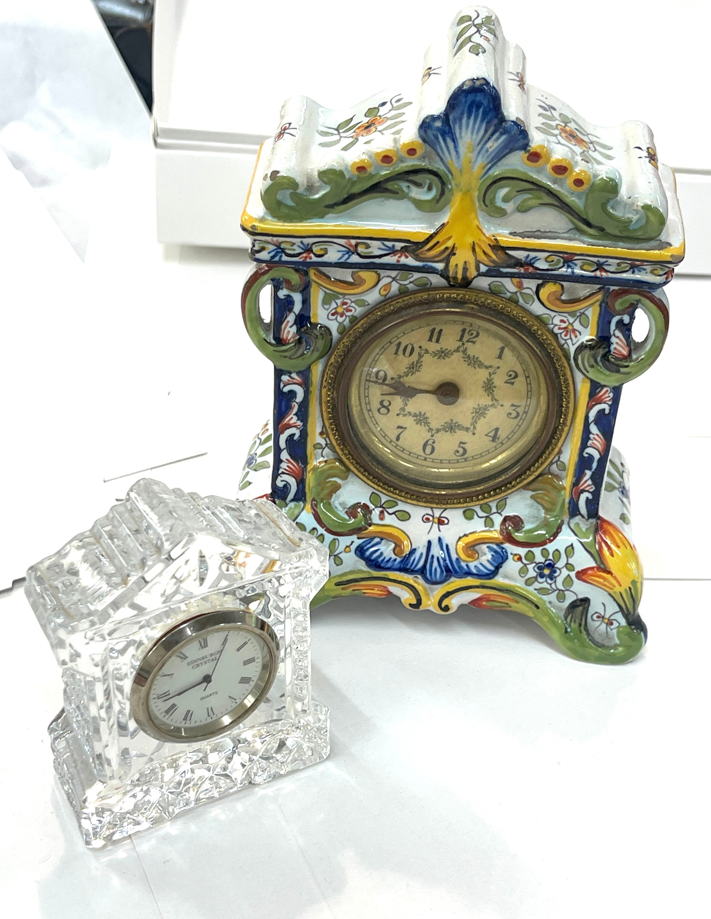 Painted pottery mantle clock marks to base and a Edinburgh Crystal clock