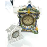 Painted pottery mantle clock marks to base and a Edinburgh Crystal clock