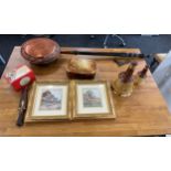Selection of collectable items to include copper bed pan, two guilt framed prints, Wade empt