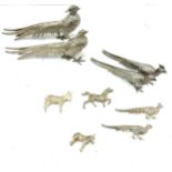 Selection of silver plated animal figures to include pheasants and donkeys