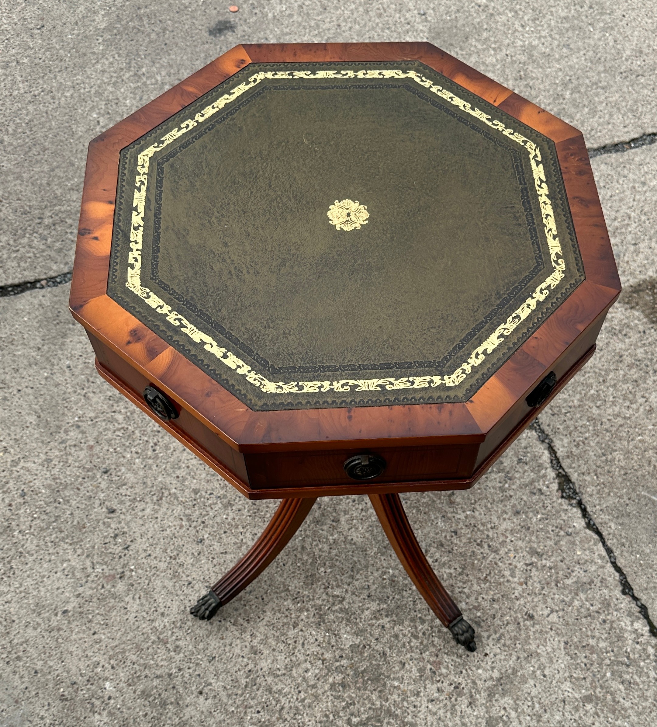 Reproduction leather topped drum table measures approx 26 inches tall - Image 2 of 3