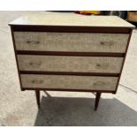 60's melamine three drawer chest of drawers measures approx 30 inches wide by 28 inches tall