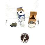 Selection of collectable items includes binoculars, tankard, silver plated coaster etc