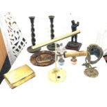 Selection of vintage collectable items to include wooden barley twist candle sticks, novelty perfume