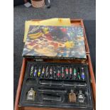 Vintage wooden artist box and contents