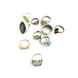 Selection of assorted rings includes silver rings, silver signet ring etc