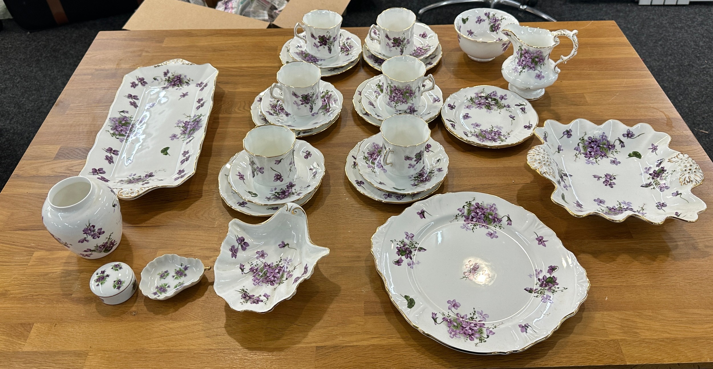 Six piece part Hammersley tea service victorian violets includes cups, saucers, milk jug etc