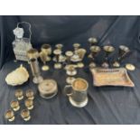 Selection of silver plated ware to include tankard, candle sticks, decanter and stand etc