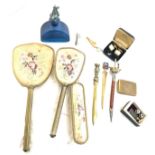 Selection of vintage collectables to include Regency of London brush and mirror, letter openers, tie