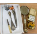 Tray of collectable items includes silver handled shoe horn, pen etc