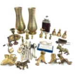 Selection of vintage and later brass ware includes brass bells, vases etc