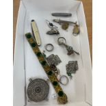 Tray of vintage and later costume jewellery includes bracelets, silver rings, pocket knife etc