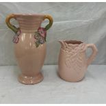 Two pieces of Clarice Cliff a two handled painted vase and a jug largest measures approx 12 inches