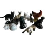 Selection of pottery animal ornaments to include cats, chicken etc