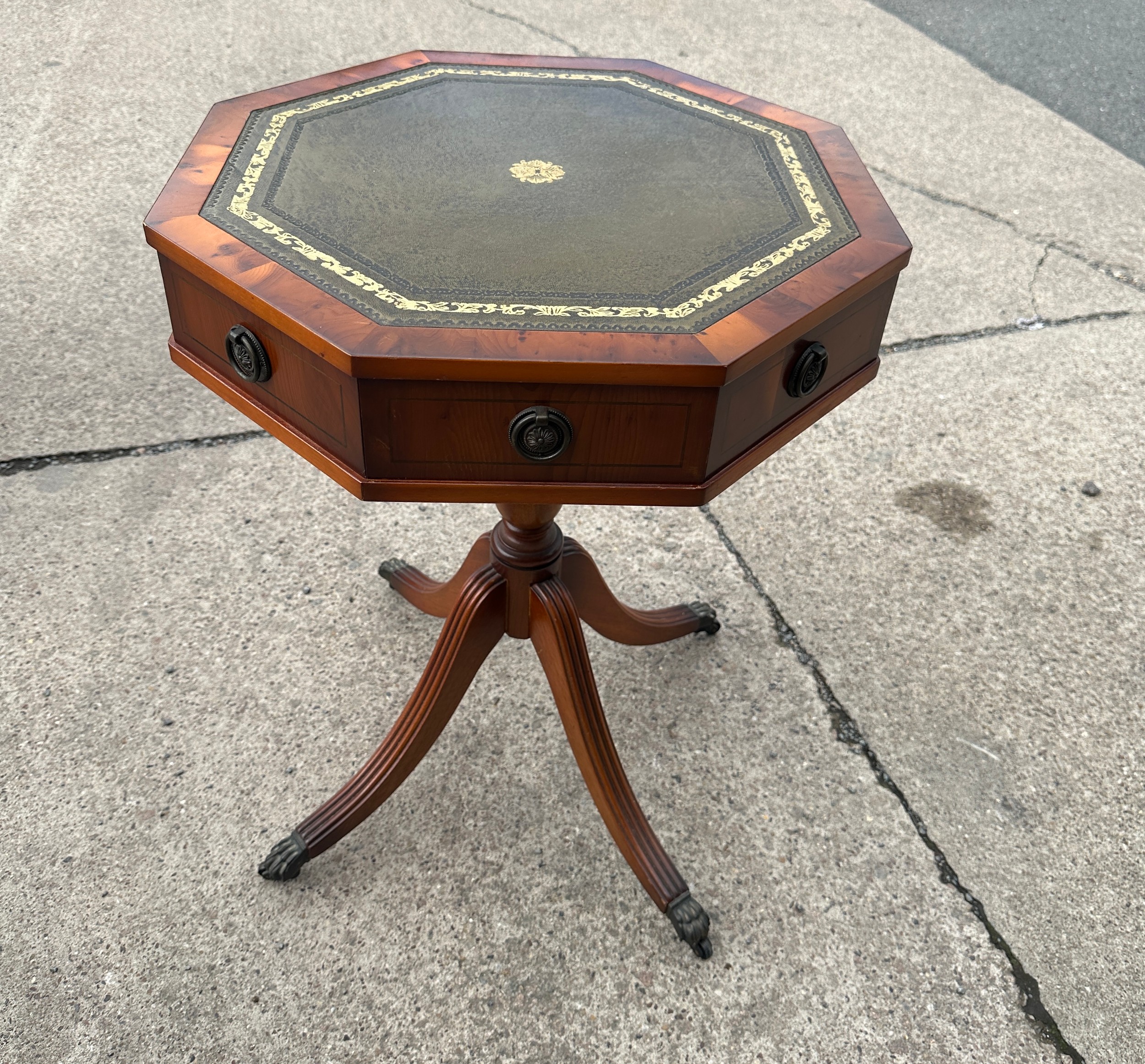 Reproduction leather topped drum table measures approx 26 inches tall - Image 3 of 3