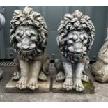Pair of concrete lion statues 18 inches tall 10 inches wide