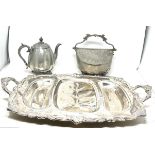 Antique silver plate & pewter inc large antique silver plated turkey tray etc pins missing on handle