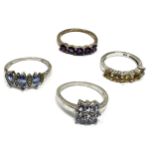 Four Silver Gemstone Set Dress Rings Including Diamond And Tanzanite (13g)