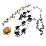 selection of vintage 925 hallmarked silver jewellery inc amber amethyst etc weight 69g