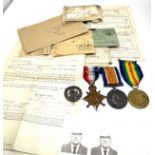 ww1 trio medals & silver war badge with original paperwork all relating to s-704 sjt.j.harding r.