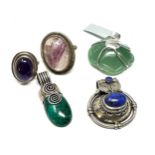 Five Silver Gemstone Set Pendants And Rings Including Lapis (73g)