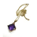9ct gold amethyst and tourmaline pendant on chain (3g)