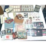 Box of stamps, bank notes, coins, 1st day covers, album of cigar cards etc