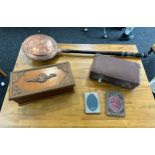 Selection of vintage collectable items to include wooden box, copper warming pan, small trunk and