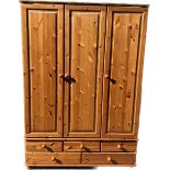 3 Door, 5 drawer pine wardrobe, Height 70 inches, Width 50 inches, Depth 21 inches
