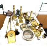 Selection of metal ware includes brass ware, silver plate, part companion set, candle sticks etc