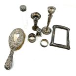 Selection of vintage and later silver items includes brush, candle sticks etc