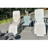 2 Cream metal folding sun loungers and a folding chair