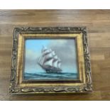 Gilt framed painting depicting a ship Galleon, signed Gacia frame measures approximately 14 inches