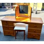 Pine 6 drawer dressing table with mirror and matching stoll, approximate measurements Height 27