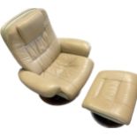 Leather swivel chair and footstool, The Morris furniture group