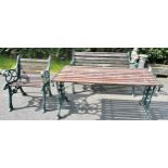 Cast iron table, chair and bench, approximate measures of table: Width 56 inches, Height 26