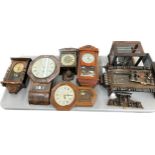 Selection of vintage wooden wall hanging clocks, spare and repairs together with balance scale