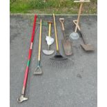 Selection of vintage and later gardening tools to include racks, spades etc