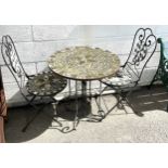 Mosaic metal bistro table and 2 chairs, table height 27 inches, diameter 26 inches