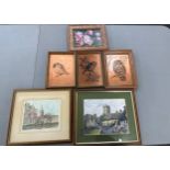 Selection of framed painting and prints largest measures 11 inches tall