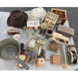Selection of collectable items includes copper pan, brass ware, hats and caps, board games etc