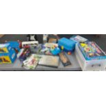 Large selection of assorted toys includes Thomas the tank engine, Travel van, Monopoly games of